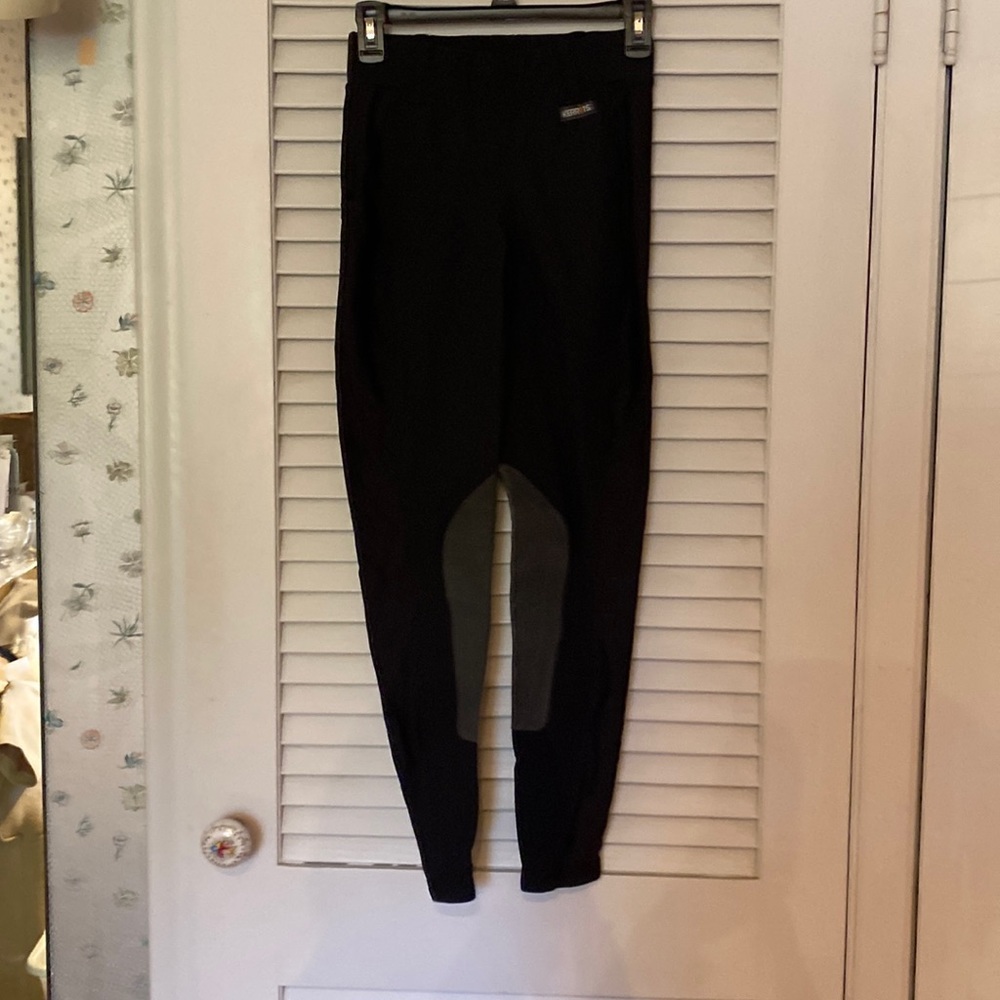 Size small black riding breeches with grey knee patches.